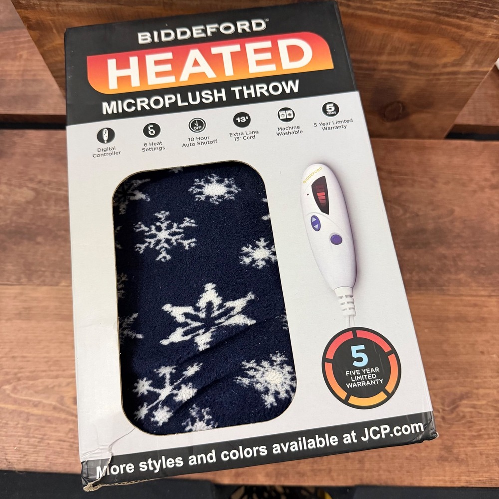 Biddeford Heated Microplush Throw Navy Snowflake Electric Blanket 6 Heat Setting